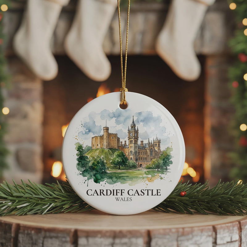 Cardiff Castle Watercolor Ceramic Custom Ornament, Christmas Wales Travel Gift