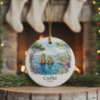 Capri Italy Watercolor Ceramic Custom Ornament, Christmas Mediterranean Travel Gift