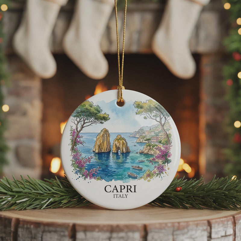 Capri Italy Watercolor Ceramic Custom Ornament, Christmas Mediterranean Travel Gift