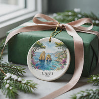 Capri Italy Watercolor Ceramic Custom Ornament, Christmas Mediterranean Travel Gift