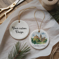 Cardiff Castle Watercolor Ceramic Custom Ornament, Christmas Wales Travel Gift