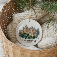Carcassonne Castle Watercolor Custom Ornament, Christmas France Travel Gift