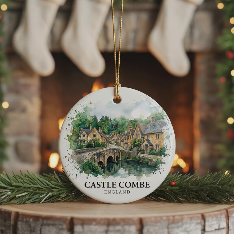Castle Combe Watercolor Custom Ornament, Christmas England Cotswolds Travel Gift