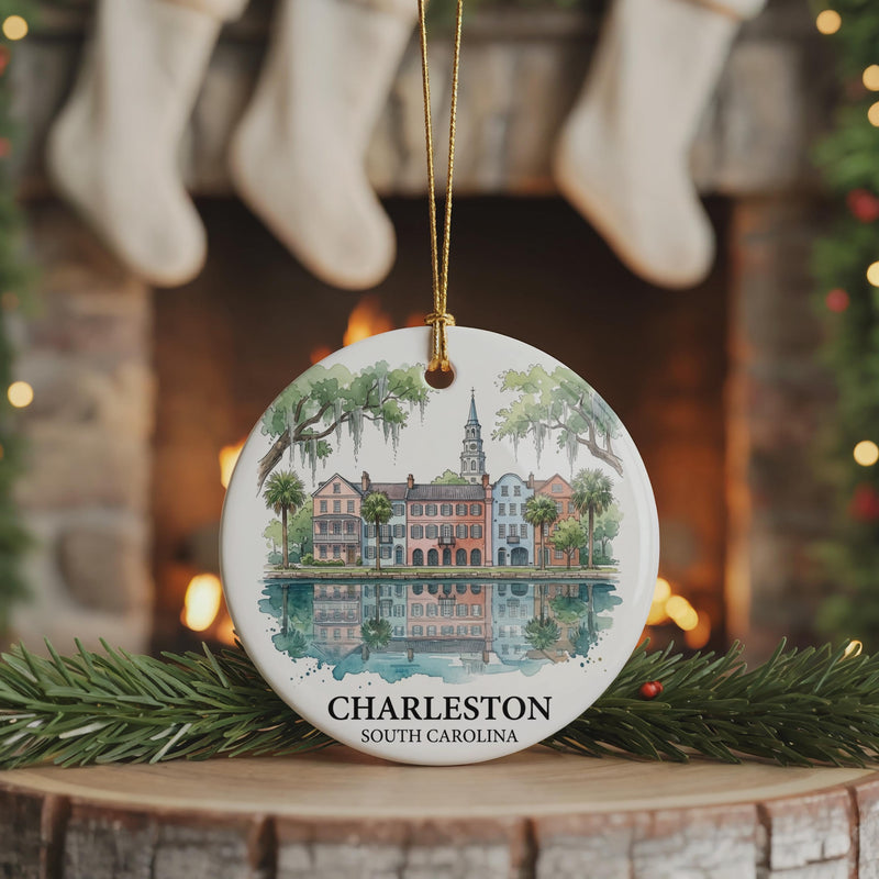 Charleston Watercolor Ceramic Custom Ornament, Christmas South Carolina Travel Gift
