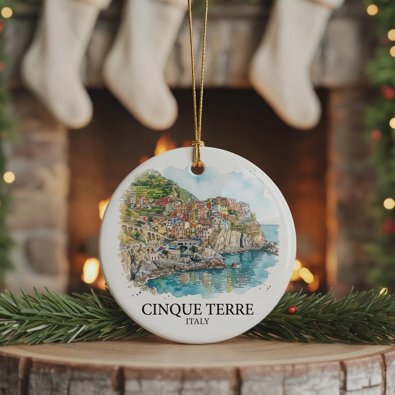 Cinque Terre Watercolor Ceramic Custom Ornament, Christmas Italy Travel Gift