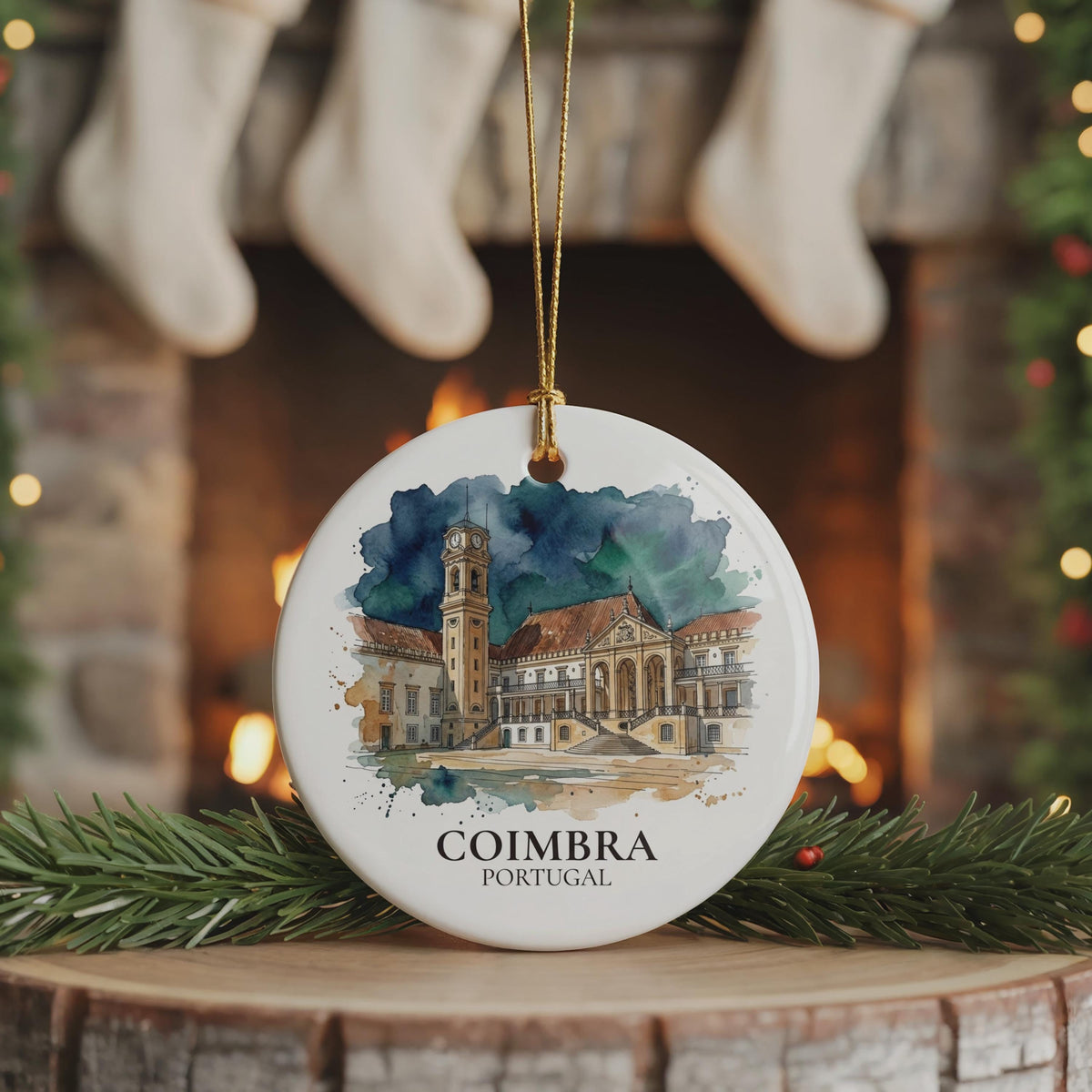 Coimbra Portugal Watercolor Ceramic Custom Ornament, Christmas University Travel Gift