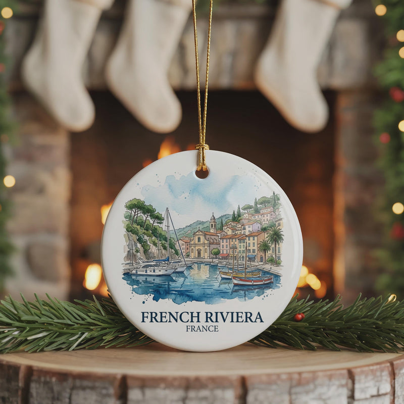 French Riviera Watercolor Ceramic Custom Ornament, Christmas France Travel Gift