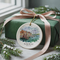 Galway Harbor Watercolor Ceramic Custom Ornament, Christmas Ireland Travel Gift
