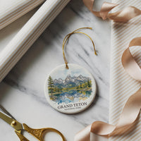 Grand Teton National Park Watercolor Ceramic Custom Ornament, Christmas Wyoming Travel Gift