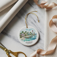 Nassau Bahamas Watercolor Custom Ornament, Christmas Tropical Travel Gift