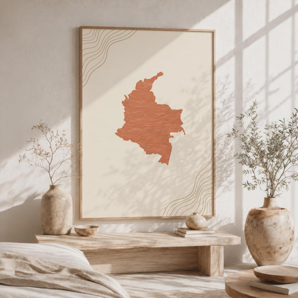 Colombia Map Wall Art, Boho Minimalist Terracotta Topographic Mid Century Print, Framed Canvas Decor