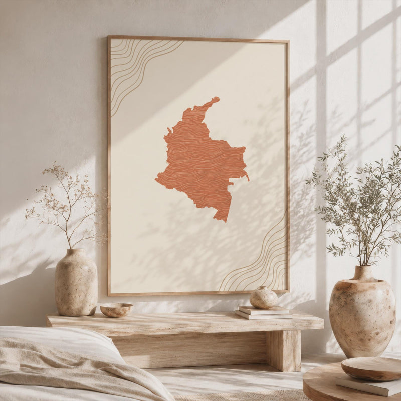 Colombia Map Wall Art, Boho Minimalist Terracotta Topographic Mid Century Print, Framed Canvas Decor