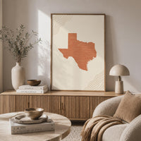 Texas Map Wall Art, Boho Minimalist Terracotta Topographic Mid Century Print, Framed Canvas Decor