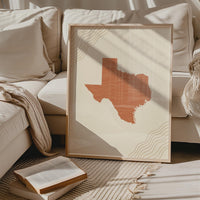 Texas Map Wall Art, Boho Minimalist Terracotta Topographic Mid Century Print, Framed Canvas Decor