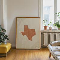 Texas Map Wall Art, Boho Minimalist Terracotta Topographic Mid Century Print, Framed Canvas Decor