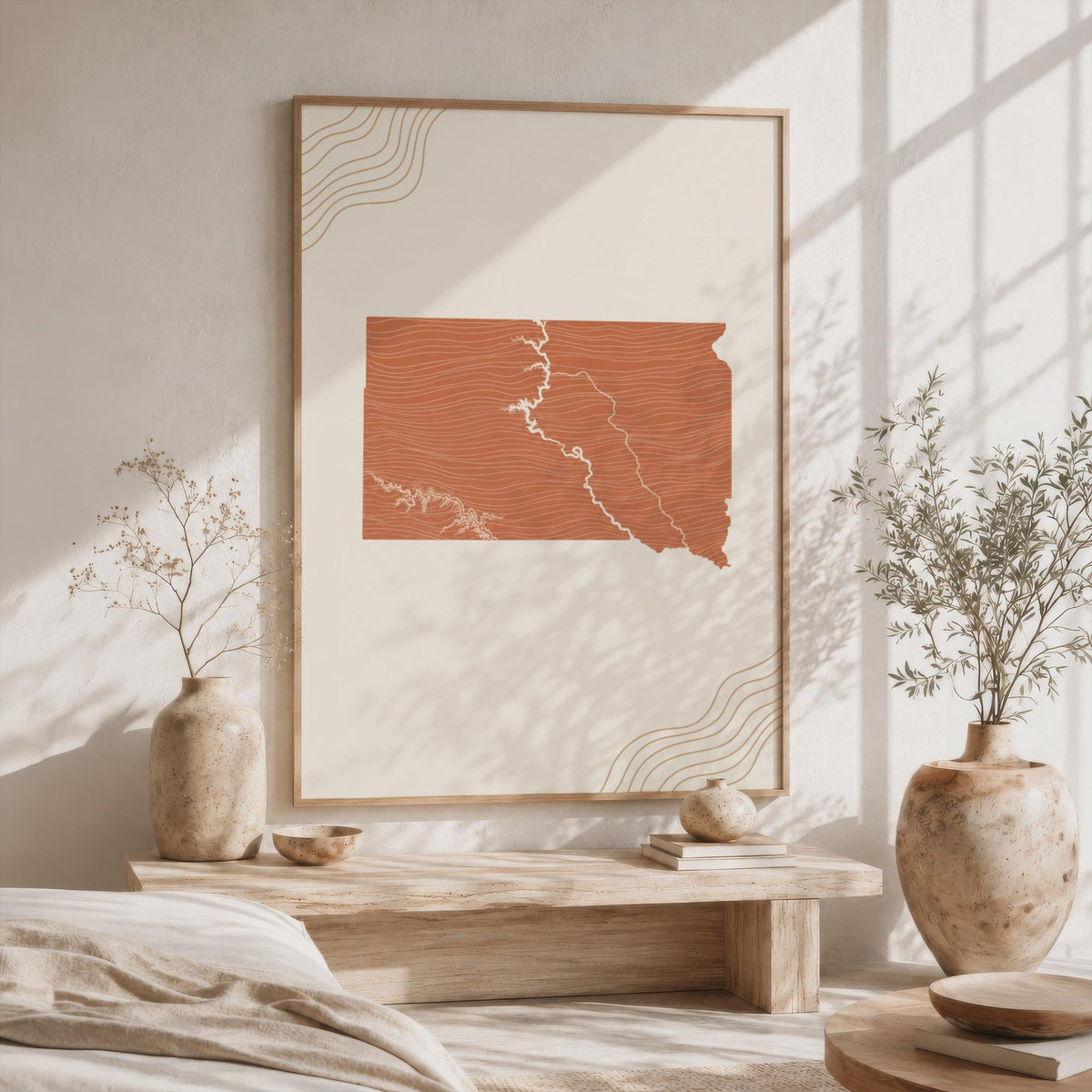 South Dakota Map Wall Art, Boho Minimalist Terracotta Topographic Mid Century Framed Canvas Print