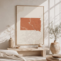 South Dakota Map Wall Art, Boho Minimalist Terracotta Topographic Mid Century Framed Canvas Print