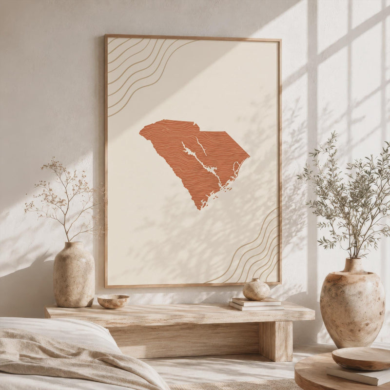 South Carolina Map Wall Art, Boho Minimalist Terracotta Topographic Mid Century Framed Canvas Print
