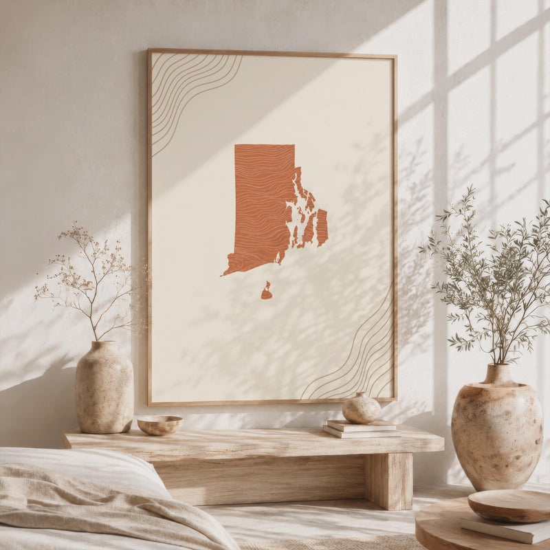 Rhode Island Map Wall Art, Boho Minimalist Terracotta Topographic Mid Century Framed Canvas Print