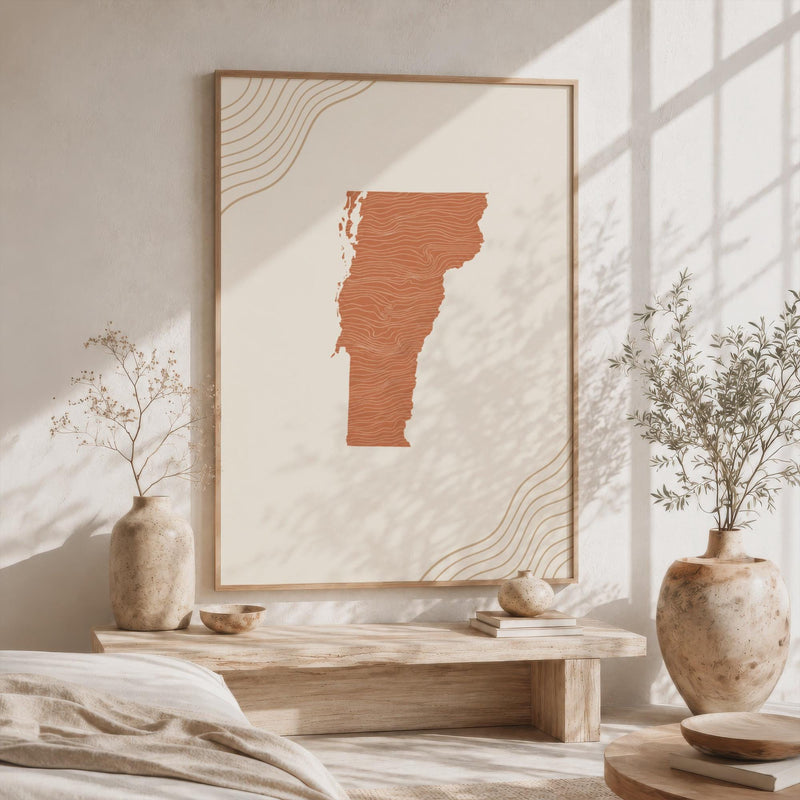 Vermont Map Wall Art, Boho Minimalist Terracotta Topographic Mid Century Framed Canvas Print