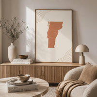 Vermont Map Wall Art, Boho Minimalist Terracotta Topographic Mid Century Framed Canvas Print