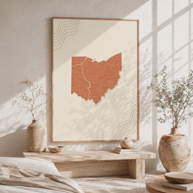 Ohio Map Wall Art, Mid Century Boho Minimalist Terracotta Framed Canvas Print, State Decor