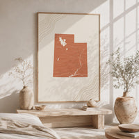 Utah Map Wall Art, Boho Minimalist Terracotta Topographic Mid Century Print, Framed Canvas Decor