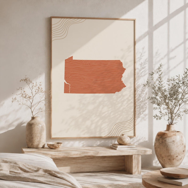Pennsylvania Map Wall Art, Boho Minimalist Terracotta Topographic Mid Century Framed Canvas Print