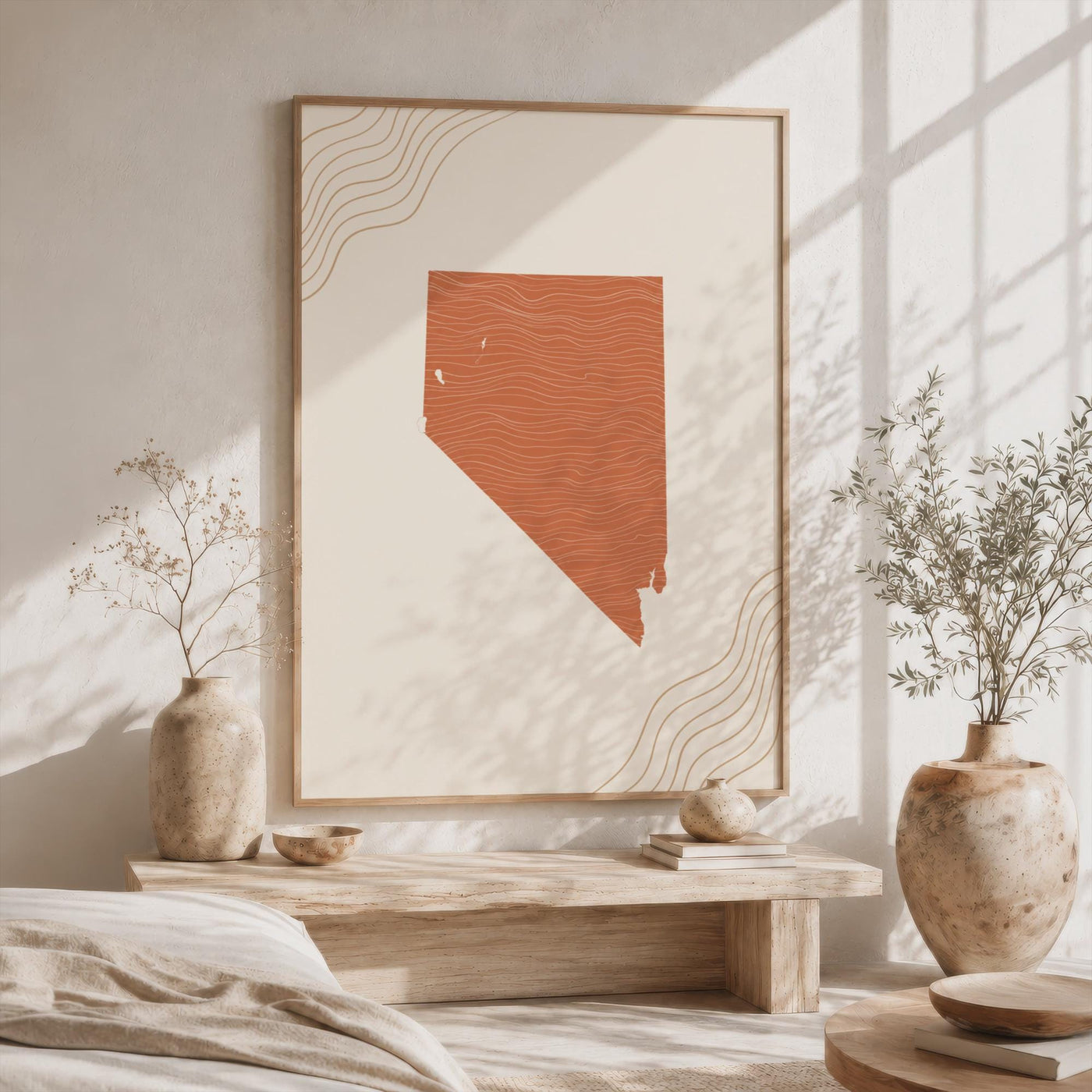 Nevada Map Wall Art, Boho Minimalist Terracotta Topographic Mid Century Print, Framed Canvas Decor