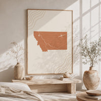Montana Map Wall Art, Boho Minimalist Terracotta Mid Century Framed Canvas Print, State Decor