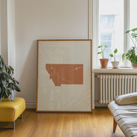 Montana Map Wall Art, Boho Minimalist Terracotta Mid Century Framed Canvas Print, State Decor