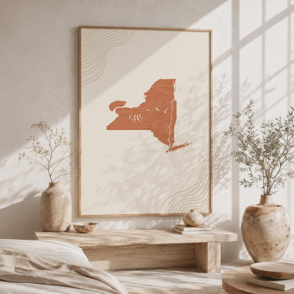 New York Map Wall Art, Mid Century Boho Minimalist State Print, Framed Canvas Decor