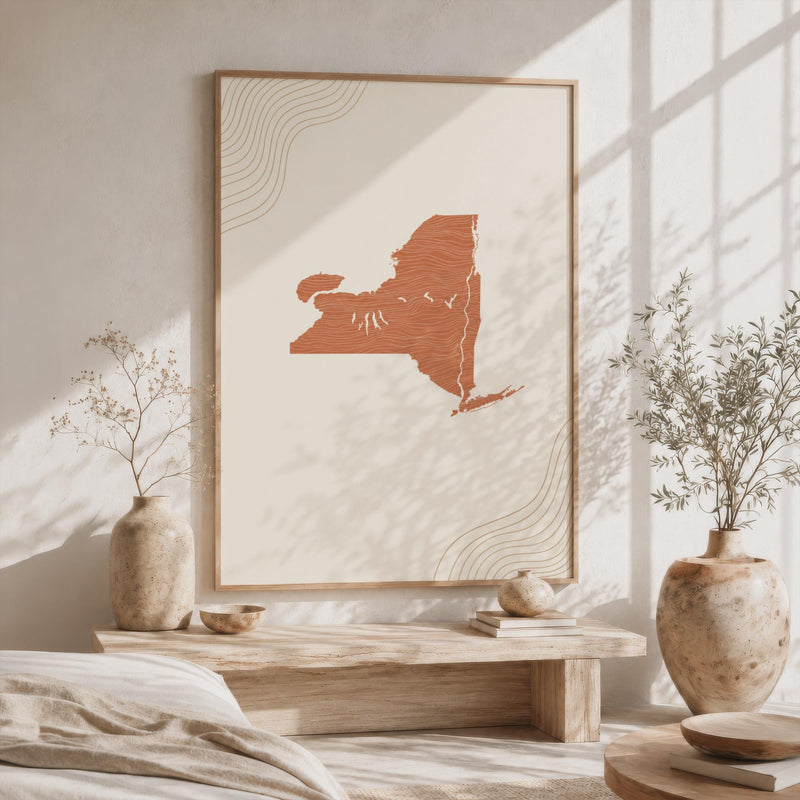 New York Map Wall Art, Mid Century Boho Minimalist State Print, Framed Canvas Decor
