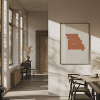 Missouri Map Wall Art, Mid Century Boho Minimalist Terracotta Topographic Framed Canvas Print