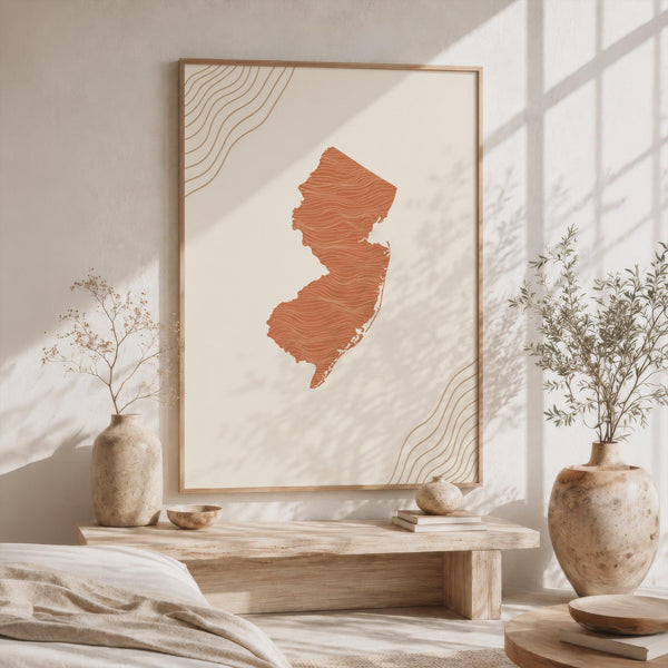 New Jersey Map Wall Art, Mid Century Boho Minimalist Terracotta Topographic Framed Canvas Print