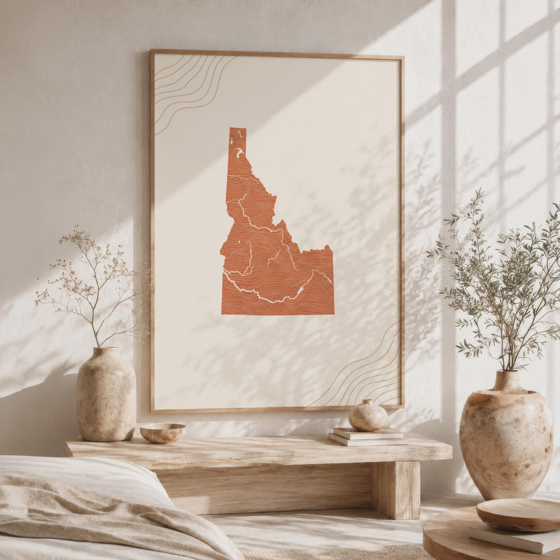 Idaho Map Wall Art, Boho Minimalist Terracotta Topographic Mid Century Decor, Framed Canvas Print