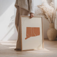 Connecticut Map Wall Art, Boho Minimalist Terracotta Topographic Mid Century Framed Canvas Print