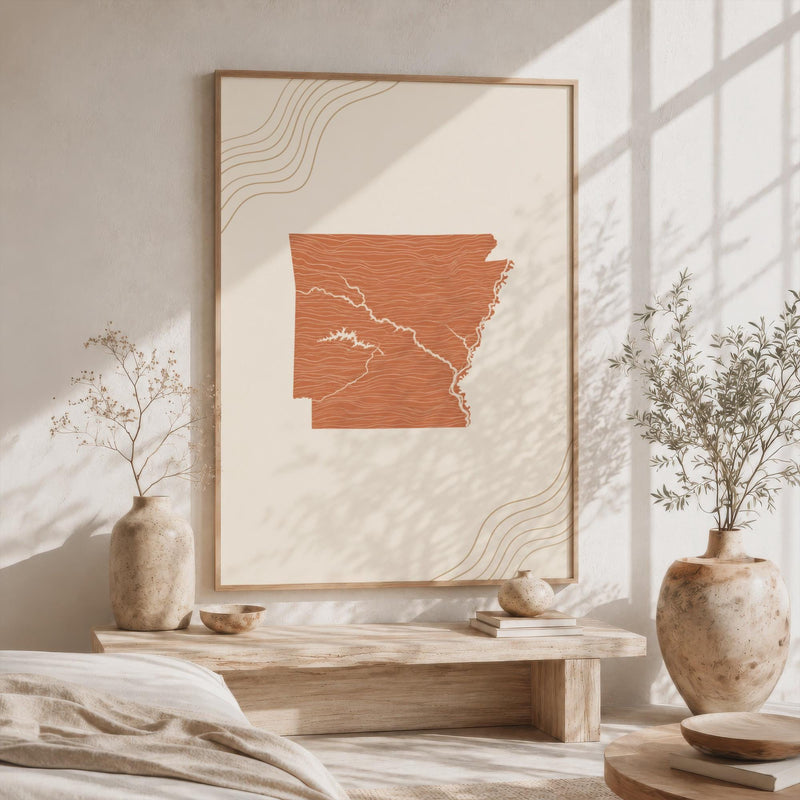 Arkansas Map Wall Art, Boho Minimalist Terracotta Mid Century State Print, Framed Canvas Decor