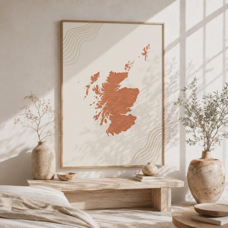 Scotland Map Wall Art, Boho Minimalist Terracotta Topographic Mid Century Framed Canvas Print