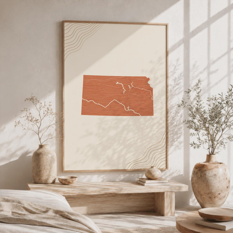 Kansas Map Wall Art, Boho Minimalist Terracotta Topographic Mid Century Framed Canvas, State Print