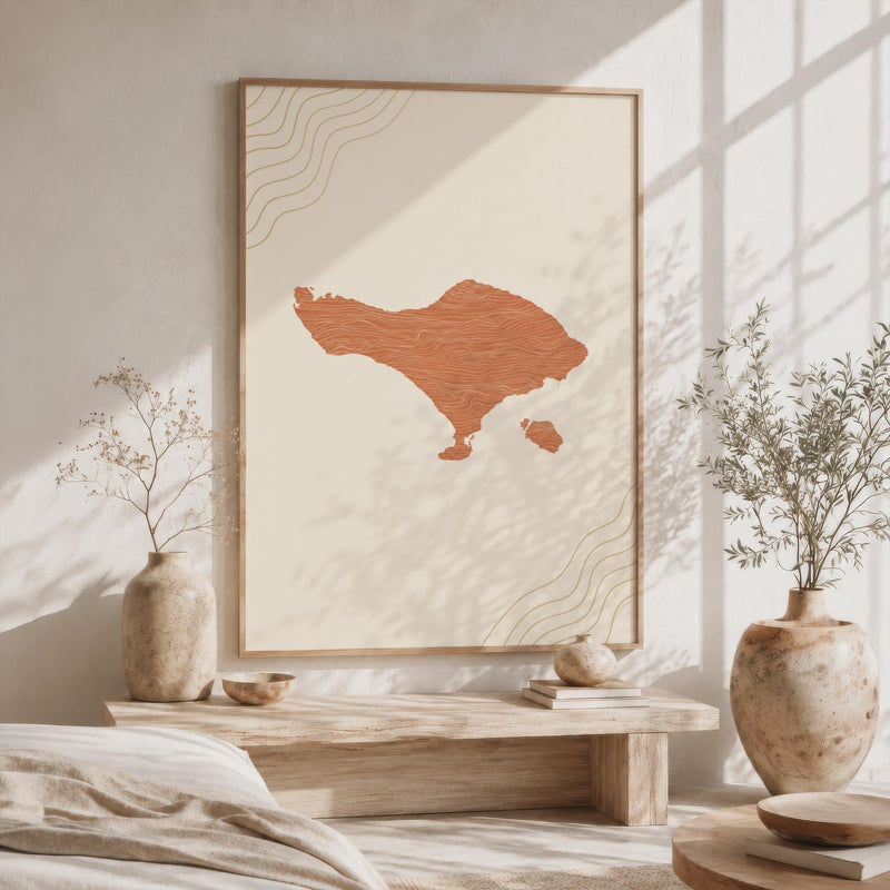 Bali Map Wall Art, Boho Minimalist Terracotta Topographic Mid Century Decor, Framed Canvas Print