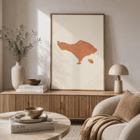 Bali Map Wall Art, Boho Minimalist Terracotta Topographic Mid Century Decor, Framed Canvas Print