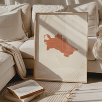Turkmenistan Map Wall Art, Boho Minimalist Terracotta Topographic Mid Century Framed Canvas Print
