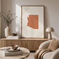 Arizona Map Wall Art, Boho Minimalist Terracotta Topographic Mid Century Print, Framed Canvas Decor
