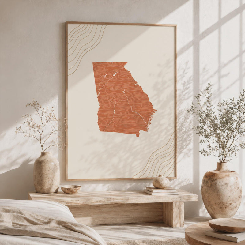 Georgia Map Wall Art, Boho Minimalist Terracotta Topographic Mid Century Framed Canvas, State Decor