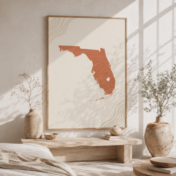 Florida Map Wall Art, Boho Minimalist Topographic Mid Century Framed Canvas, Terracotta State Print