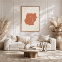 Sudan Map Wall Art, Boho Minimalist Terracotta Topographic Mid Century Print, Framed Canvas Decor