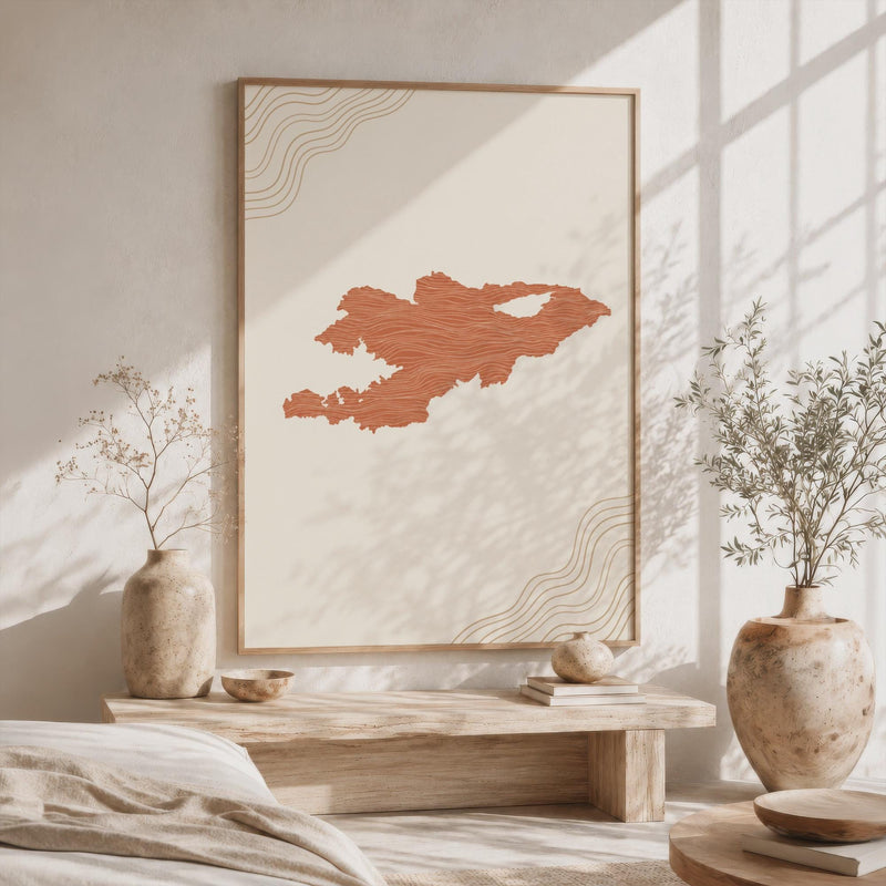Kyrgyzstan Map Wall Art, Boho Minimalist Terracotta Topographic Mid Century Framed Canvas Print