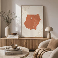 Sudan Map Wall Art, Boho Minimalist Terracotta Topographic Mid Century Print, Framed Canvas Decor