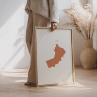 Oman Map Wall Art, Boho Minimalist Terracotta Topographic Mid Century Print, Framed Canvas Decor